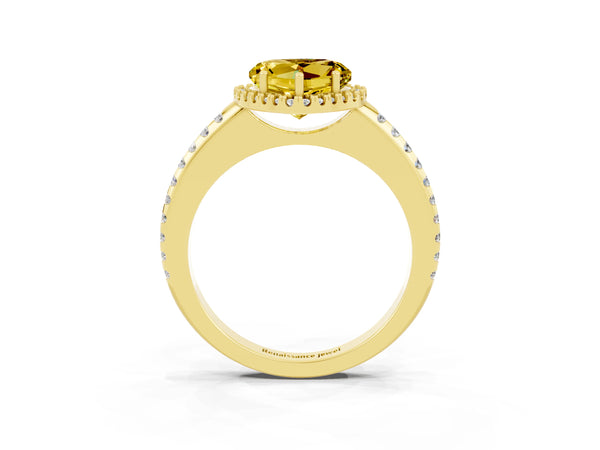 Yellow gold Heart Cut Yellow Sapphire Pavé Halo Ring with Four-Prong Setting