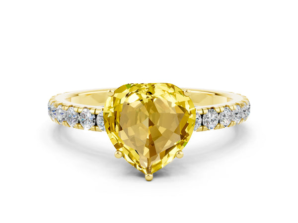 Yellow gold Heart Cut Yellow Sapphire Pavé Solitaire Engagement Ring with Four-Prong Setting