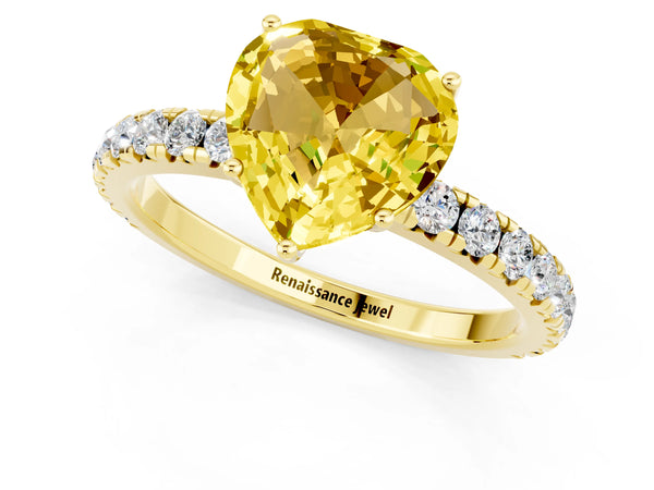 Yellow gold Heart Cut Yellow Sapphire Pavé Solitaire Engagement Ring with Four-Prong Setting