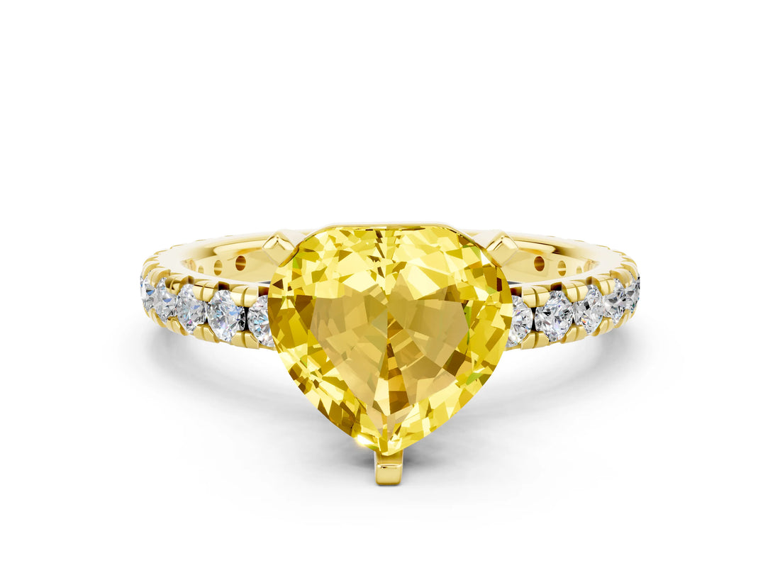 Yellow gold Heart Cut Yellow Sapphire Pavé Solitaire Ring with Round Band and Prong Setting_12
