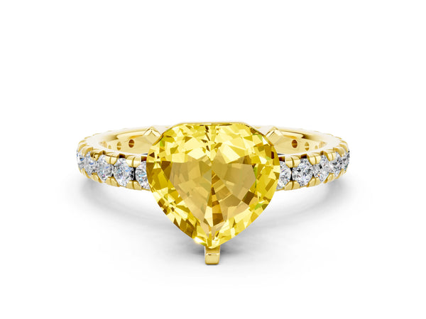 Yellow gold Heart Cut Yellow Sapphire Pavé Solitaire Ring with Round Band and Prong Setting