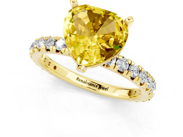 Yellow gold Heart Cut Yellow Sapphire Pavé Solitaire Ring with Round Band and Prong Setting