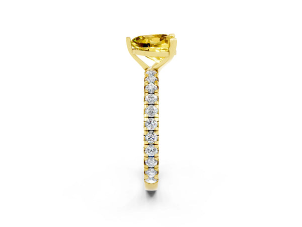 Yellow gold Heart Cut Yellow Sapphire Pavé Solitaire Ring with Round Band and Prong Setting