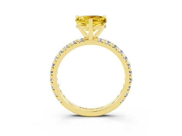 Yellow gold Heart Cut Yellow Sapphire Pavé Solitaire Ring with Round Band and Prong Setting