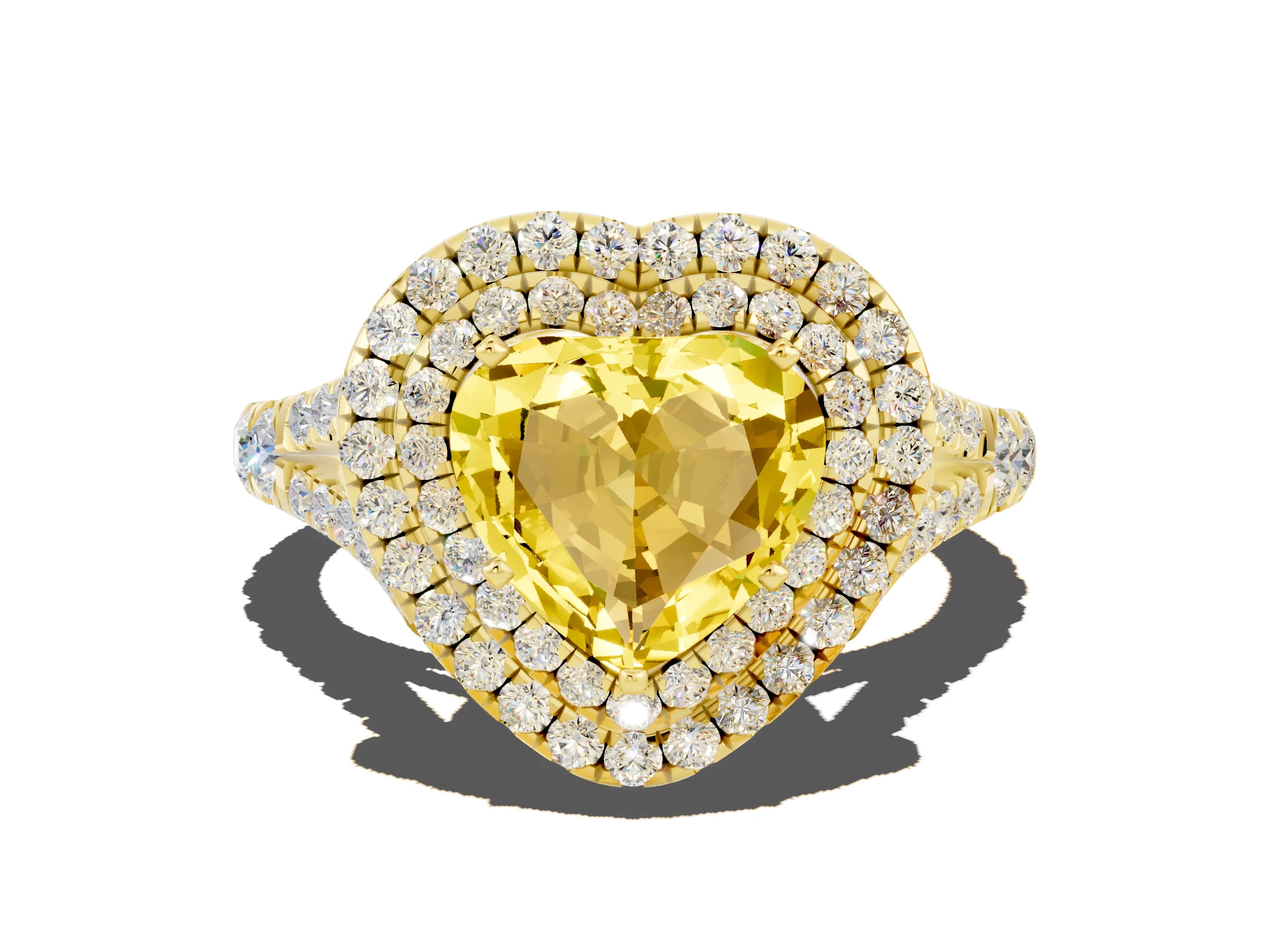 Yellow gold Heart Cut Yellow Sapphire Pavé Split Shank Double Halo Engagement Ring