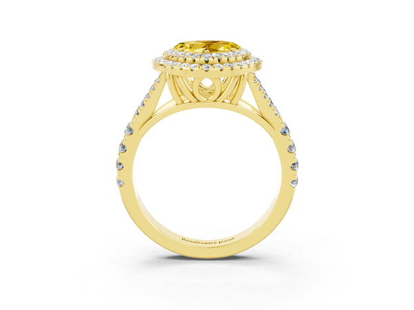 Yellow gold Heart Cut Yellow Sapphire Pavé Split Shank Double Halo Engagement Ring