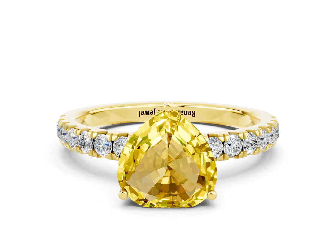 Yellow gold Heart Cut Yellow Sapphire Pave Band Solitaire Ring with Four-Prong Setting_60