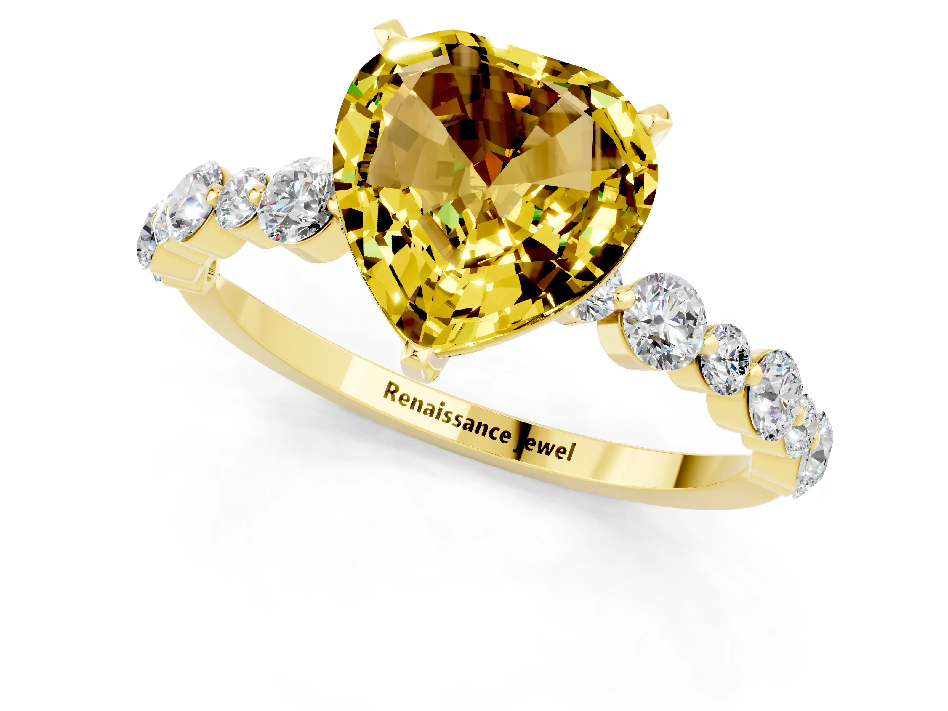 Yellow gold Heart Cut Yellow Sapphire Prong Set Engagement Ring with Pavé Band_13