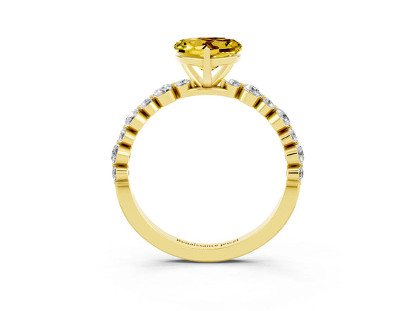 Yellow gold Heart Cut Yellow Sapphire Prong Set Engagement Ring with Pavé Band