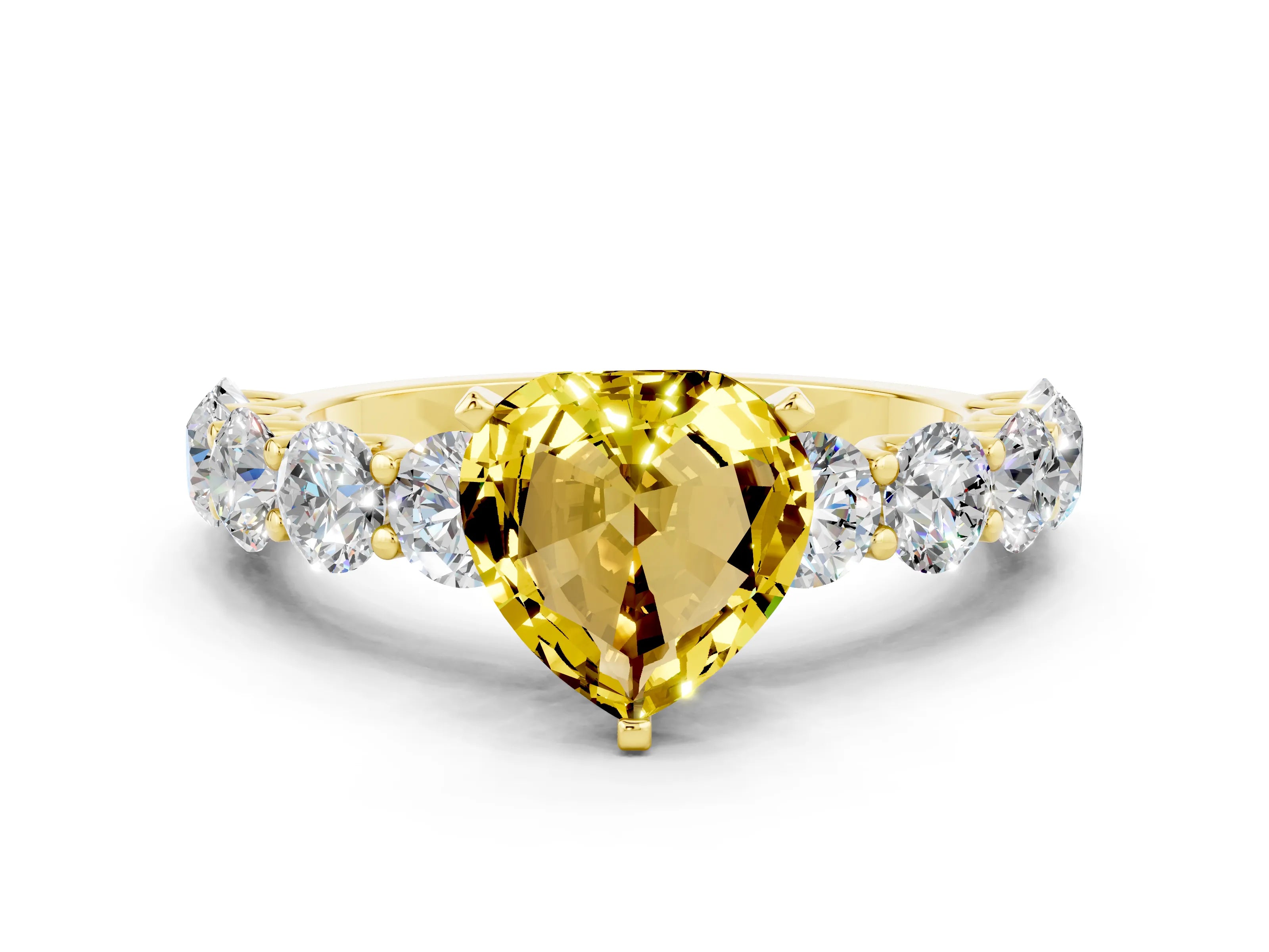 Yellow gold Heart Cut Yellow Sapphire Prong Setting with Side Stones on a Pave Band_24