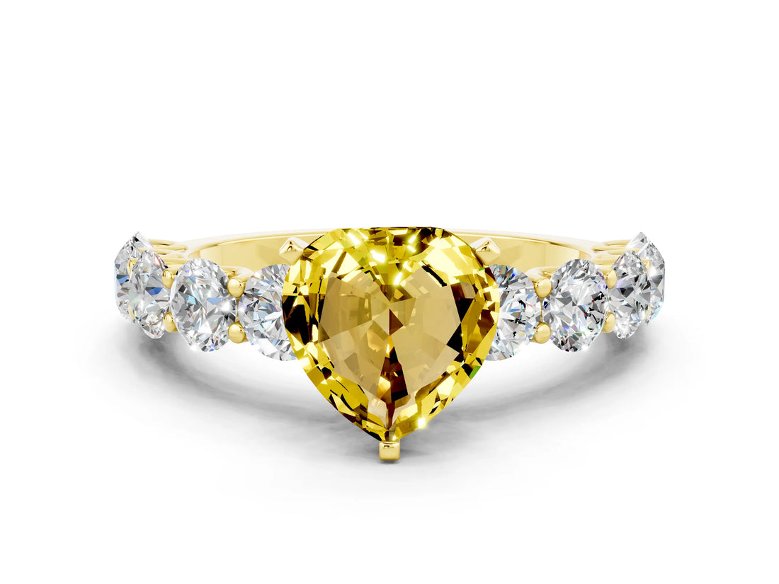 Yellow gold Heart Cut Yellow Sapphire Prong Setting with Side Stones on a Pave Band_24
