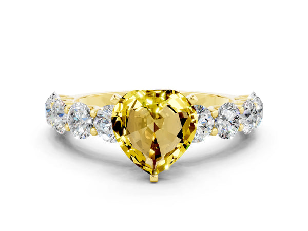 Yellow gold Heart Cut Yellow Sapphire Prong Setting with Side Stones on a Pave Band