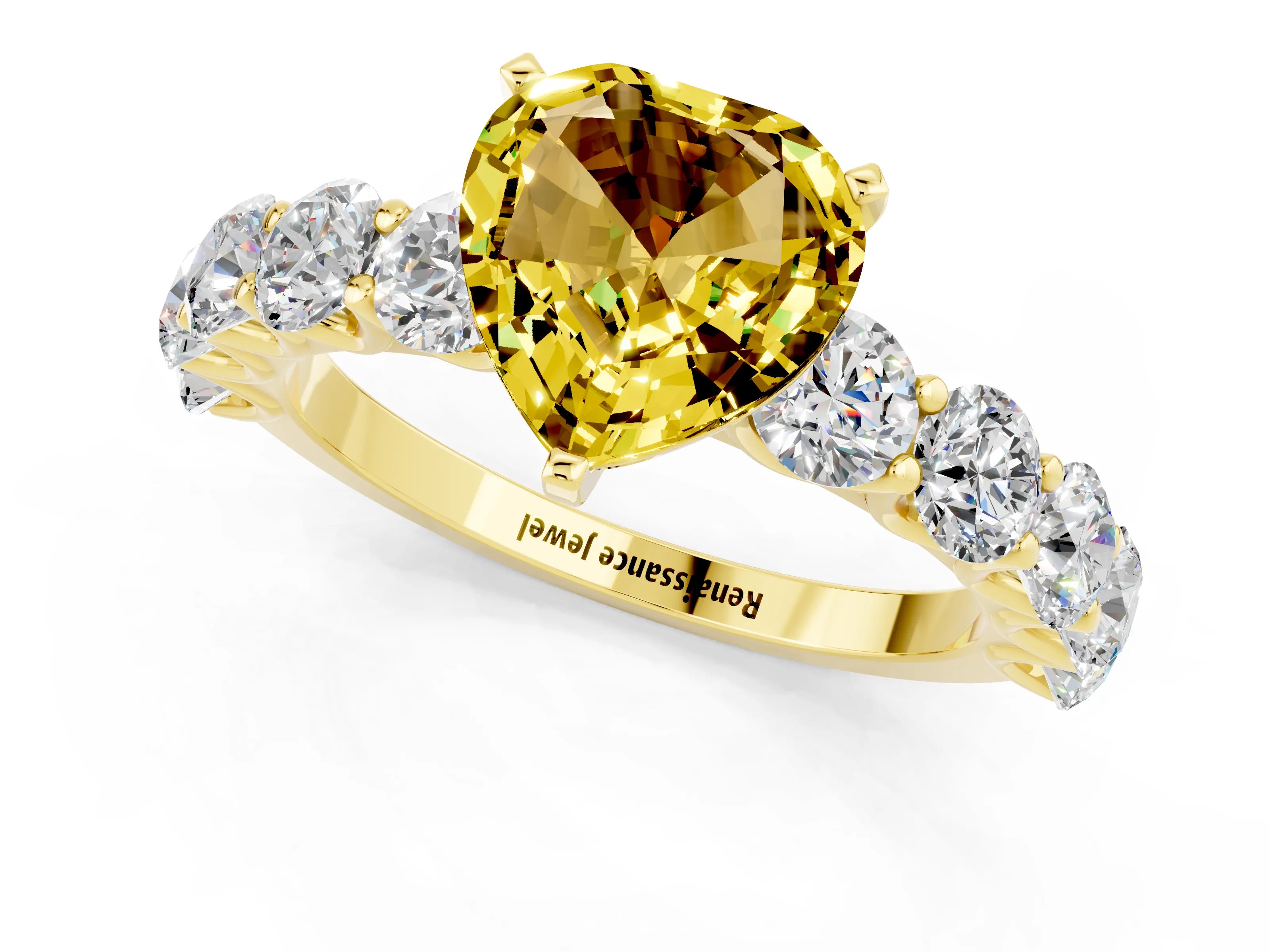 Yellow gold Heart Cut Yellow Sapphire Prong Setting with Side Stones on a Pave Band_25
