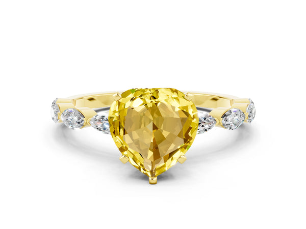 Yellow gold Heart Cut Yellow Sapphire Ring with Marquise Side Stones and Prong Setting