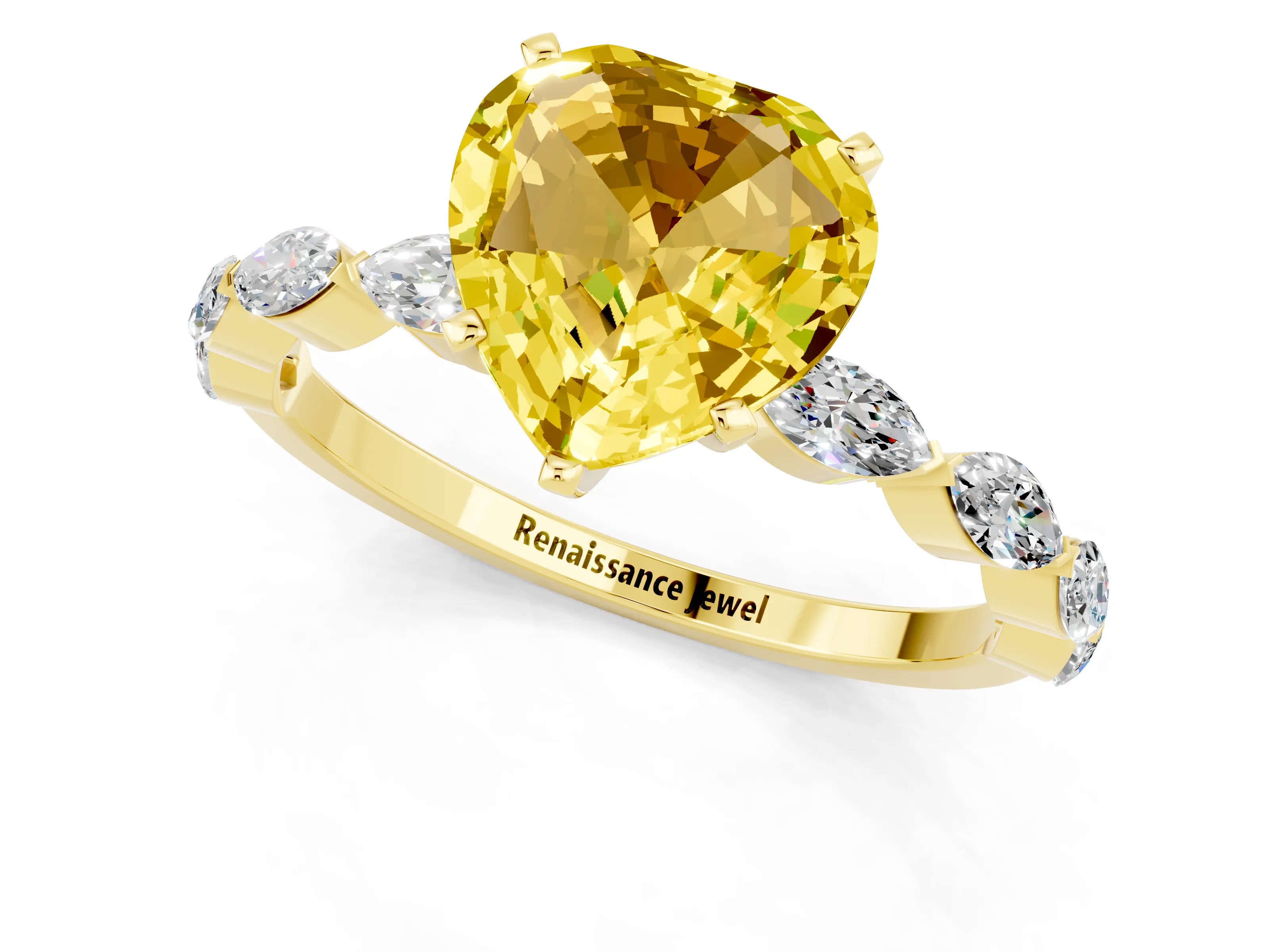 Yellow gold Heart Cut Yellow Sapphire Ring with Marquise Side Stones and Prong Setting_13