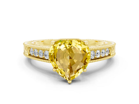 Yellow gold Heart Cut Yellow Sapphire Ring with Milgrain Pavé Band and Four-Prong Setting_36
