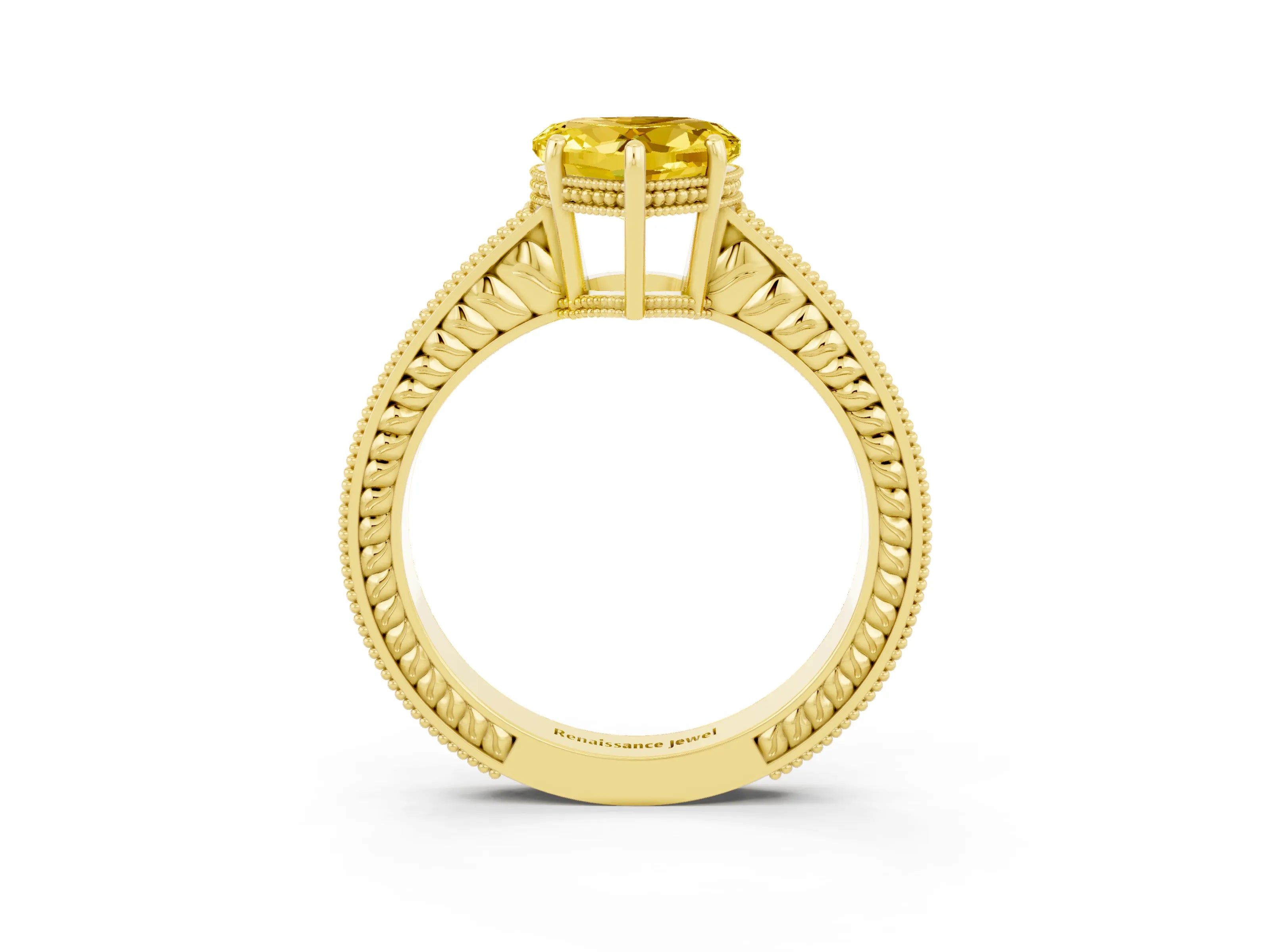Yellow gold Heart Cut Yellow Sapphire Ring with Milgrain Pavé Band and Four-Prong Setting_39