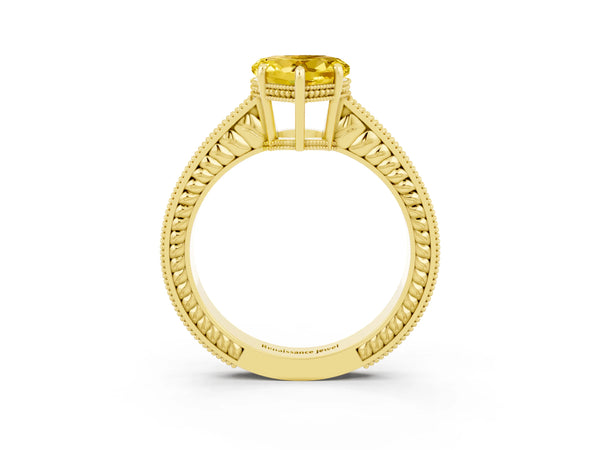 Yellow gold Heart Cut Yellow Sapphire Ring with Milgrain Pavé Band and Four-Prong Setting