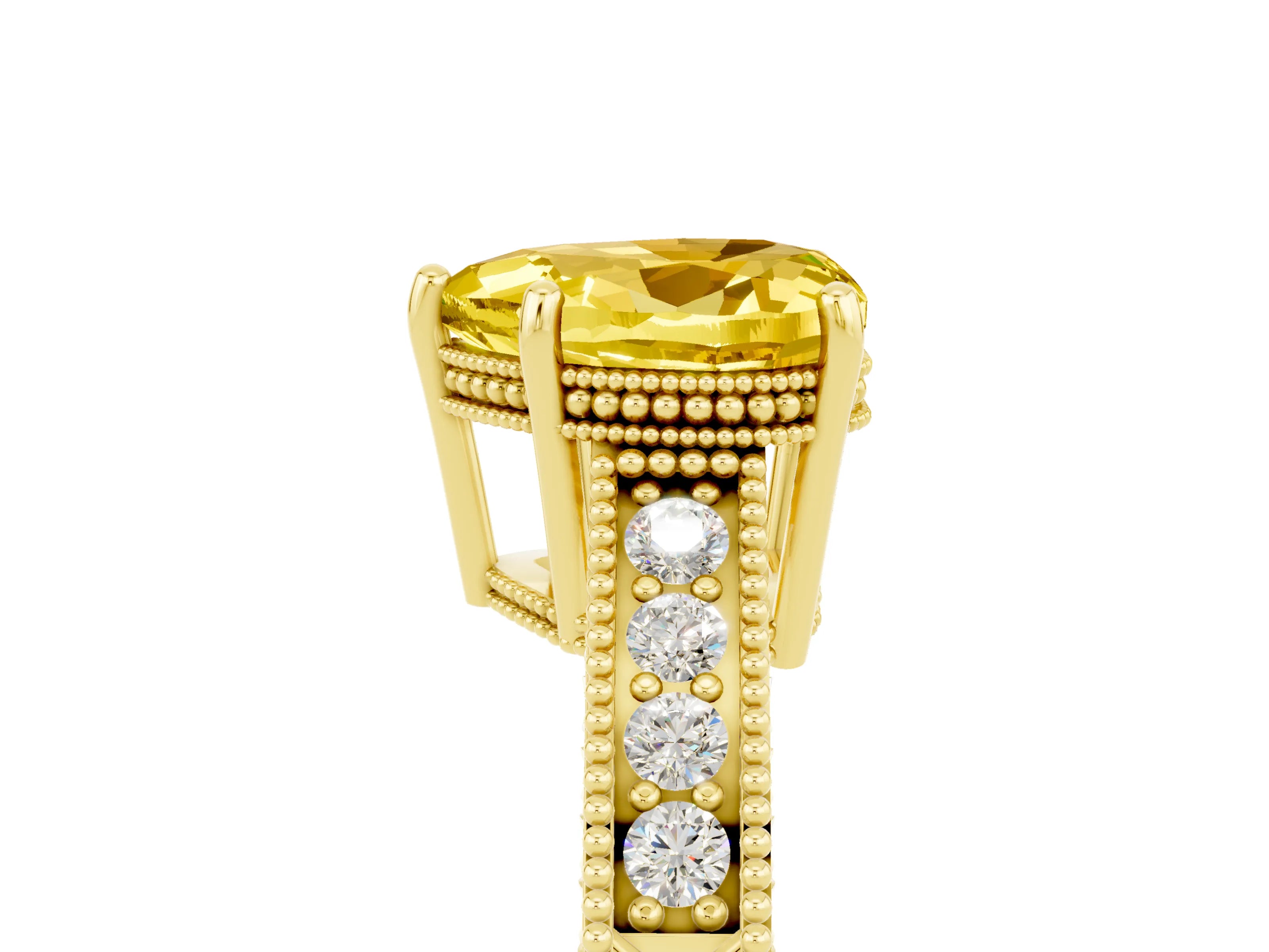 Yellow gold Heart Cut Yellow Sapphire Ring with Milgrain Pavé Band and Four-Prong Setting_41