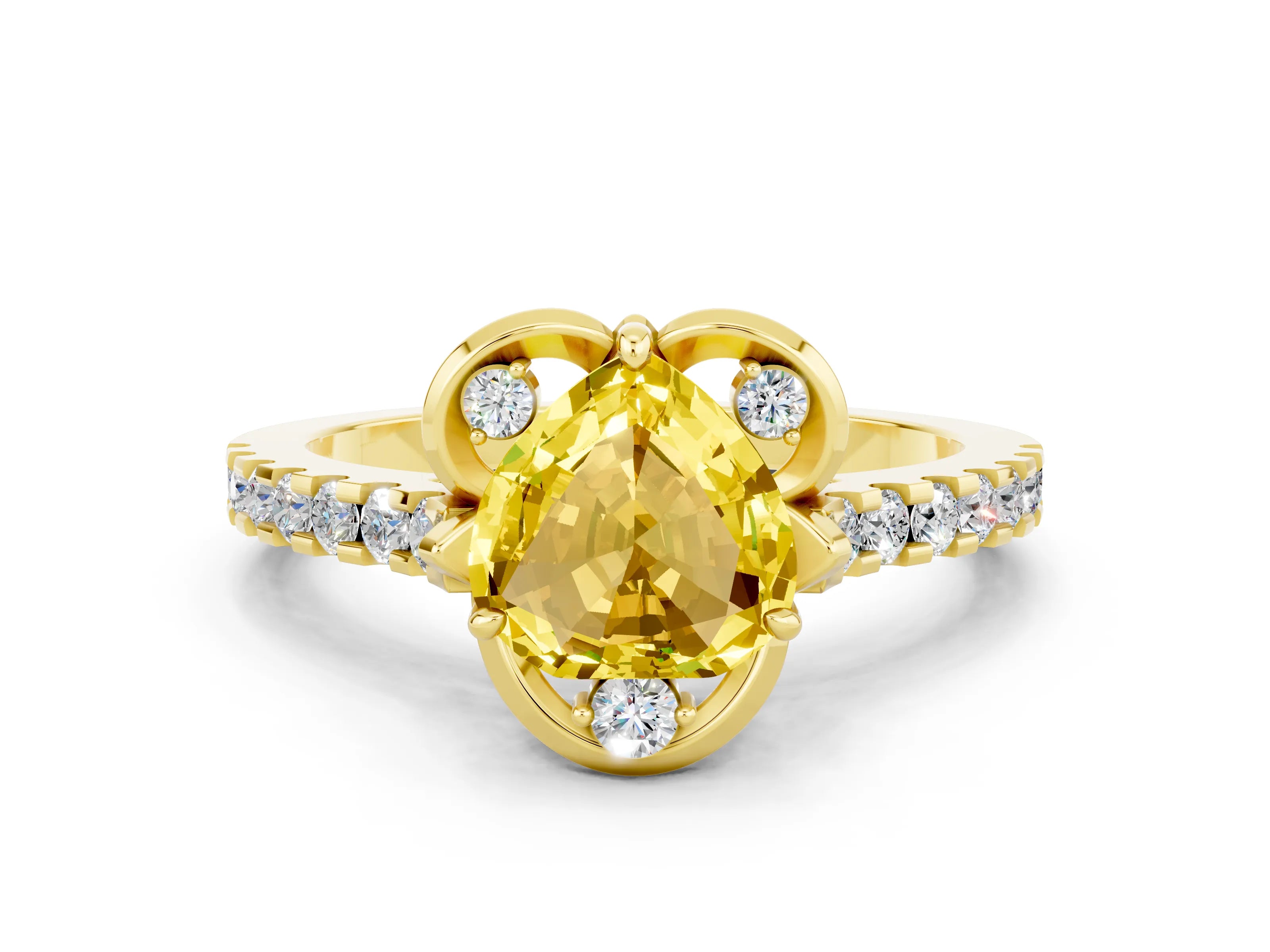 Yellow gold Heart Cut Yellow Sapphire Ring with Pavé Band and Floral Prong Setting