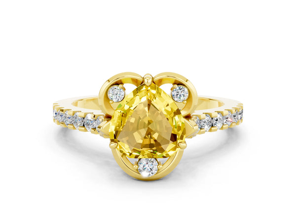Yellow gold Heart Cut Yellow Sapphire Ring with Pavé Band and Floral Prong Setting
