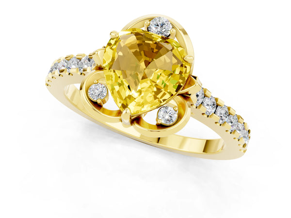 Yellow gold Heart Cut Yellow Sapphire Ring with Pavé Band and Floral Prong Setting