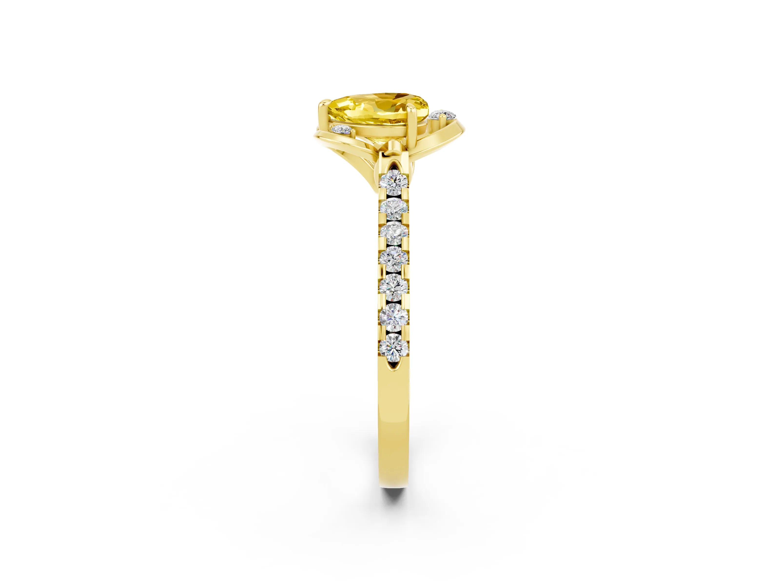 Yellow gold Heart Cut Yellow Sapphire Ring with Pavé Band and Floral Prong Setting_2