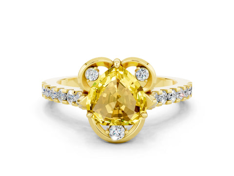 Yellow gold Heart Cut Yellow Sapphire Ring with Pavé Band and Floral Prong Setting