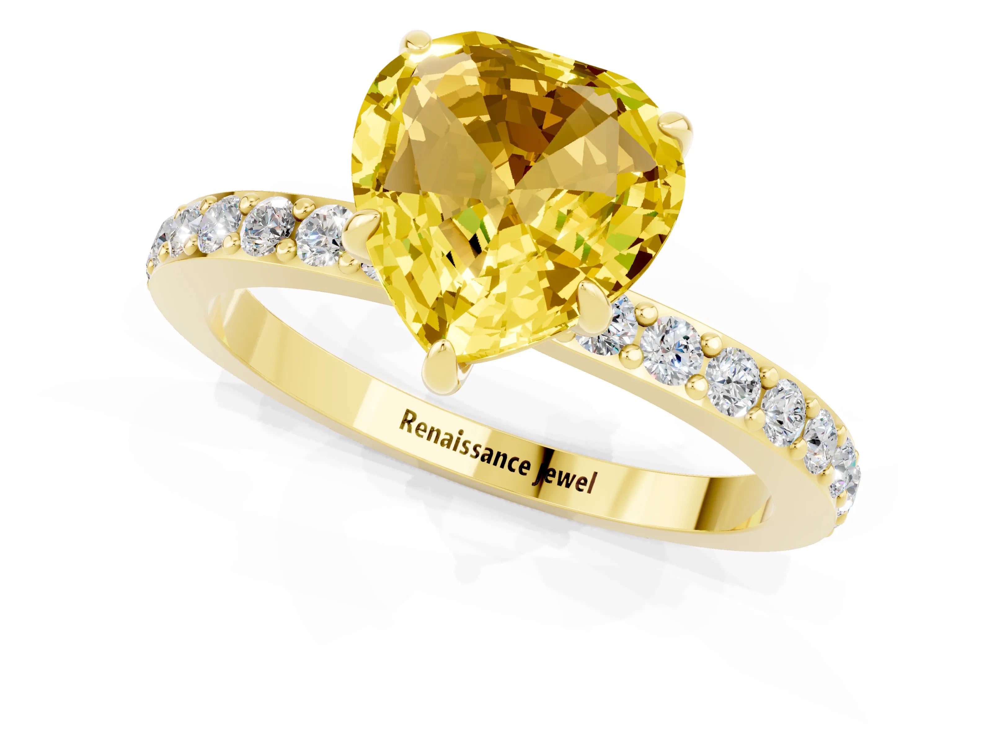 Yellow gold Heart Cut Yellow Sapphire Ring with Pavé Band and Four-Prong Setting_25