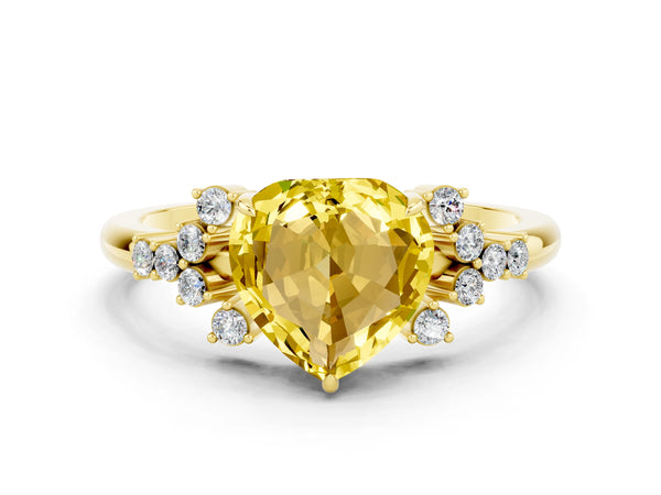 Yellow gold Heart Cut Yellow Sapphire Ring with Side Stones and Four-Prong Setting