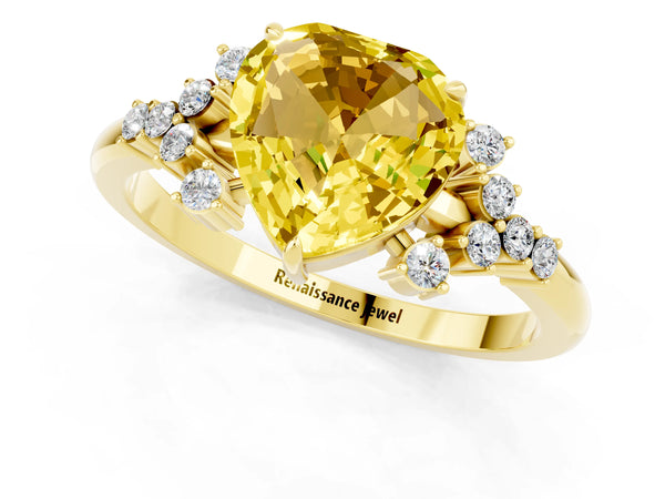 Yellow gold Heart Cut Yellow Sapphire Ring with Side Stones and Four-Prong Setting