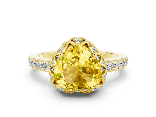 Yellow gold Heart Cut Yellow Sapphire Scalloped Halo Engagement Ring with Round Shared Prong Band