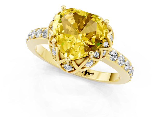 Yellow gold Heart Cut Yellow Sapphire Scalloped Halo Engagement Ring with Round Shared Prong Band