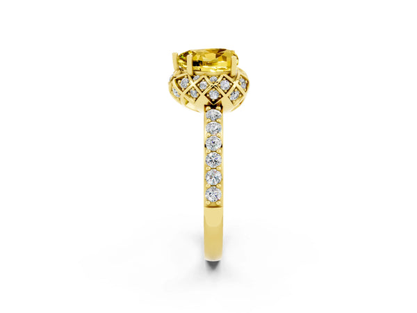 Yellow gold Heart Cut Yellow Sapphire Scalloped Halo Engagement Ring with Round Shared Prong Band