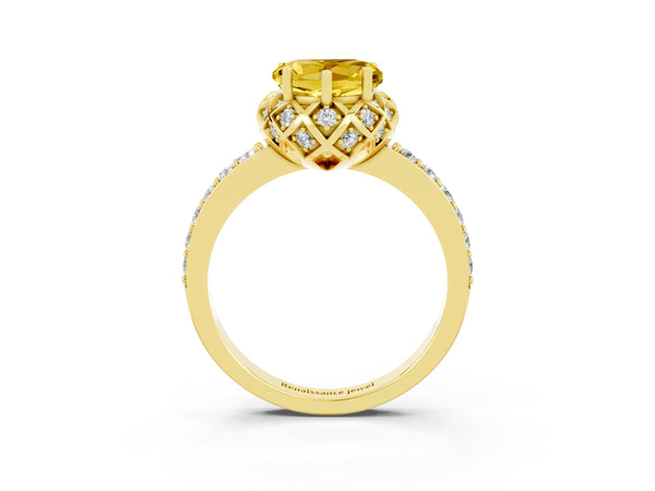 Yellow gold Heart Cut Yellow Sapphire Scalloped Halo Engagement Ring with Round Shared Prong Band