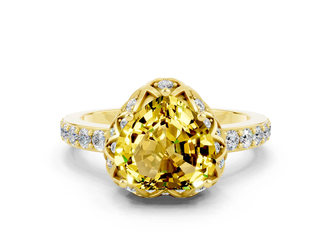 Yellow gold Heart Cut Yellow Sapphire Scalloped Halo Engagement Ring with Round Shared Prong Band_24