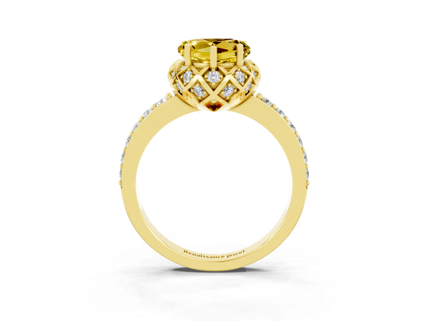 Yellow gold Heart Cut Yellow Sapphire Scalloped Halo Engagement Ring with Round Shared Prong Band