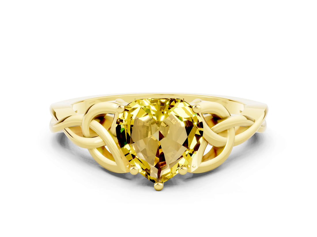 Yellow gold Heart Cut Yellow Sapphire Solitaire Celtic Knot Ring with Four-Prong Setting_36