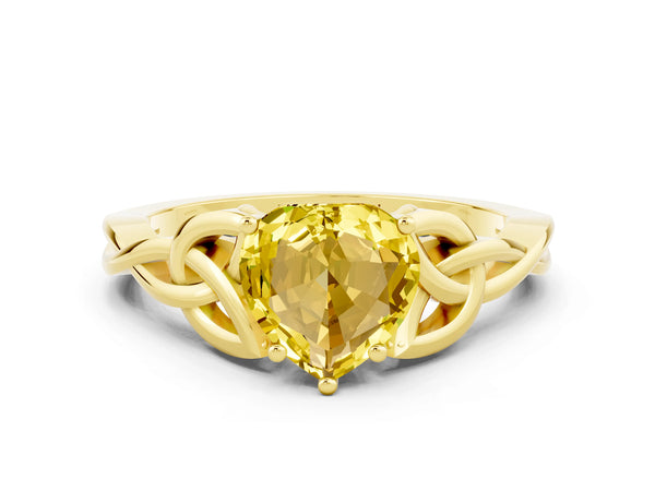 Yellow gold Heart Cut Yellow Sapphire Solitaire Engagement Ring with Celtic Knot Band and Four-Prong Setting