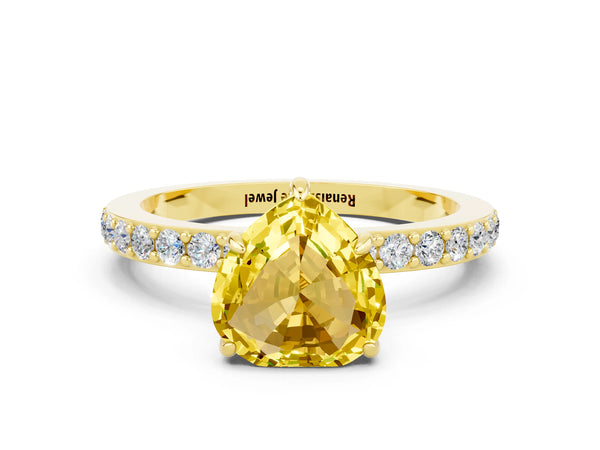 Yellow gold Heart Cut Yellow Sapphire Solitaire Engagement Ring with Pavé Band and Four-Prong Setting