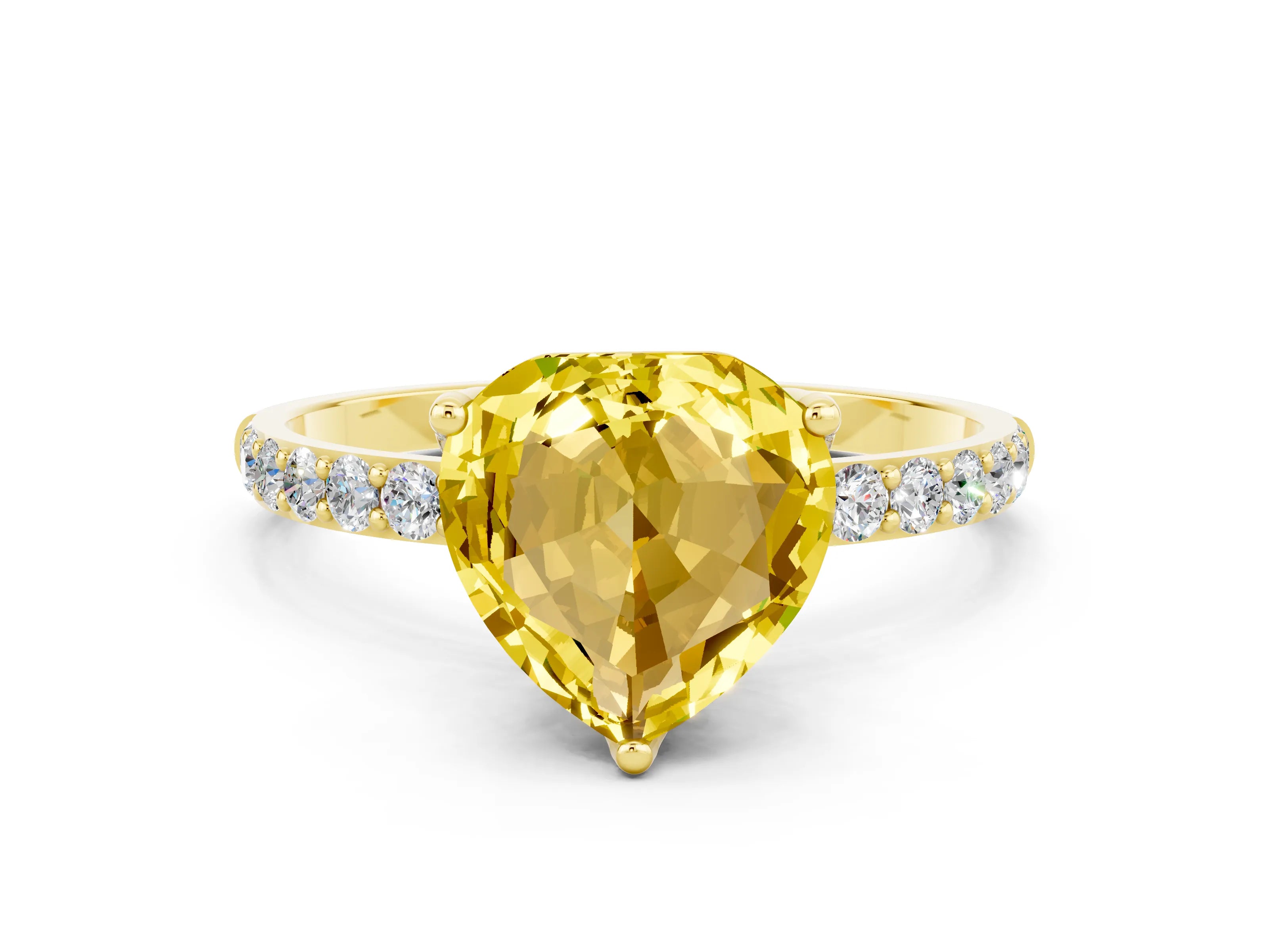 Yellow gold Heart Cut Yellow Sapphire Solitaire Engagement Ring with Pavé Band and Prong Setting