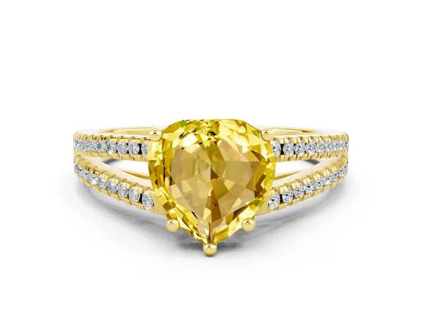 Yellow gold Heart Cut Yellow Sapphire Solitaire Engagement Ring with Split Shank Pavé Band