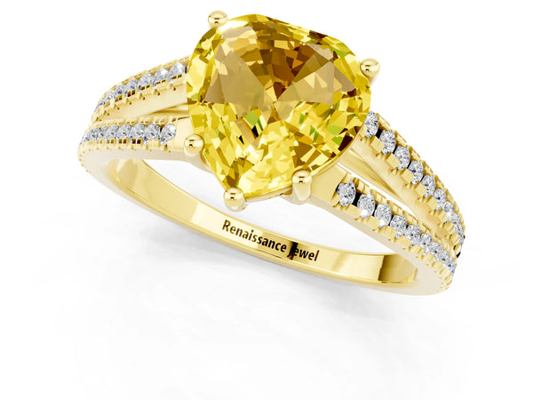 Yellow gold Heart Cut Yellow Sapphire Solitaire Engagement Ring with Split Shank Pavé Band