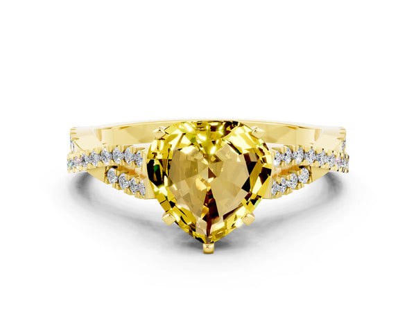 Yellow gold Heart Cut Yellow Sapphire Solitaire Engagement Ring with Twisted Pavé Band and Four-Prong Setting