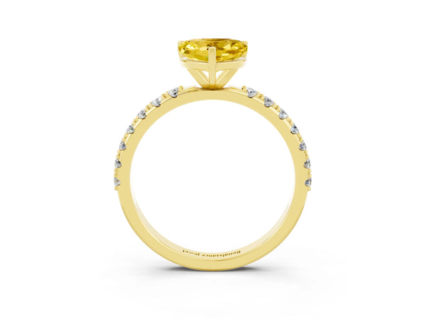 Yellow gold Heart Cut Yellow Sapphire Solitaire Pavé Band with Four-Prong Setting