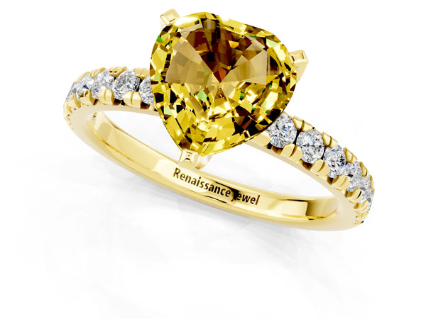 Yellow gold Heart Cut Yellow Sapphire Solitaire Pavé Engagement Ring with Round Band and Prong Setting