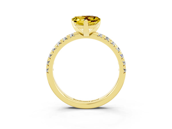 Yellow gold Heart Cut Yellow Sapphire Solitaire Pavé Engagement Ring with Round Band and Prong Setting