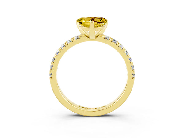 Yellow gold Heart Cut Yellow Sapphire Solitaire Pavé Engagement Ring with Round Band and Prong Setting