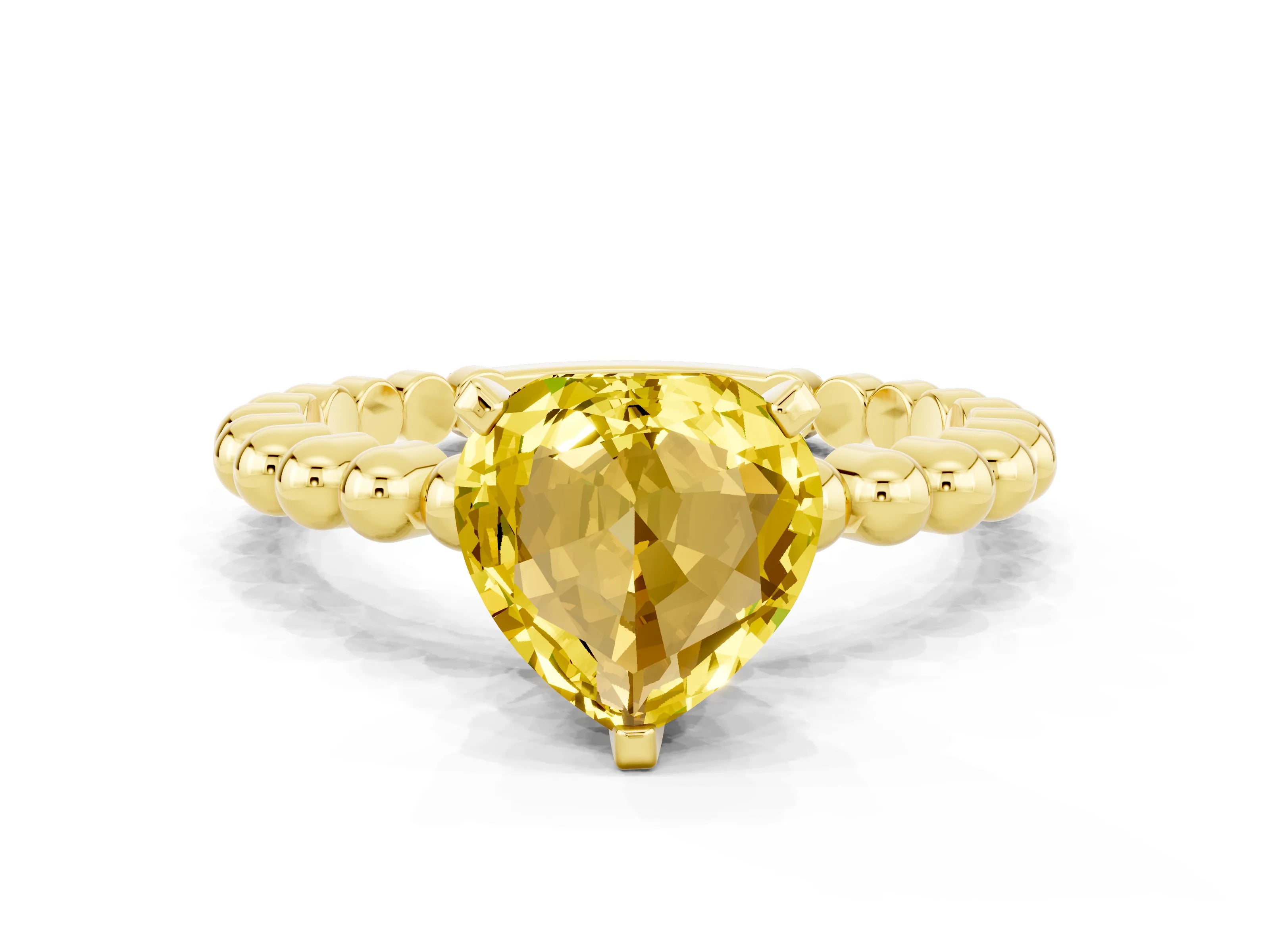 Yellow gold Heart Cut Yellow Sapphire Solitaire Ring with Beaded Band and Prong Setting