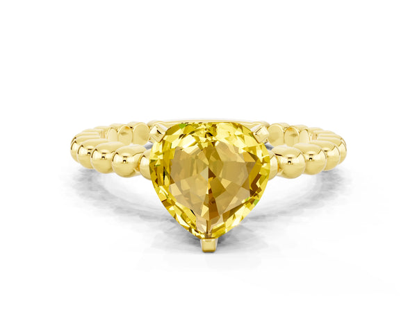 Yellow gold Heart Cut Yellow Sapphire Solitaire Ring with Beaded Band and Prong Setting